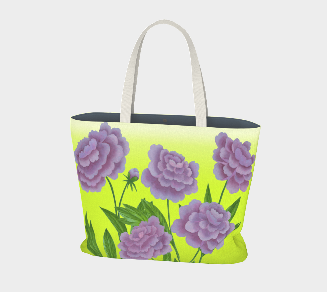 Large Tote Bag - Purple Peonies - Chartreuse