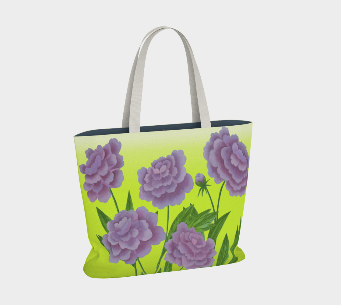 Large Tote Bag - Purple Peonies - Chartreuse