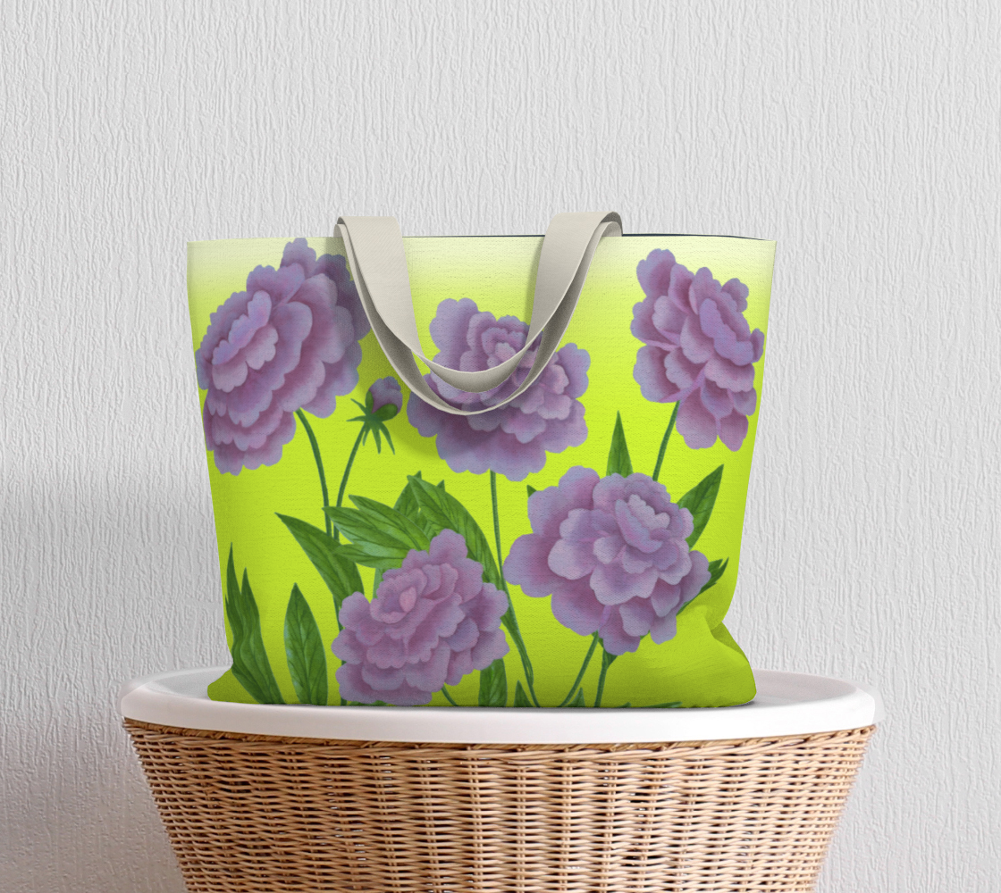 Large Tote Bag - Purple Peonies - Chartreuse