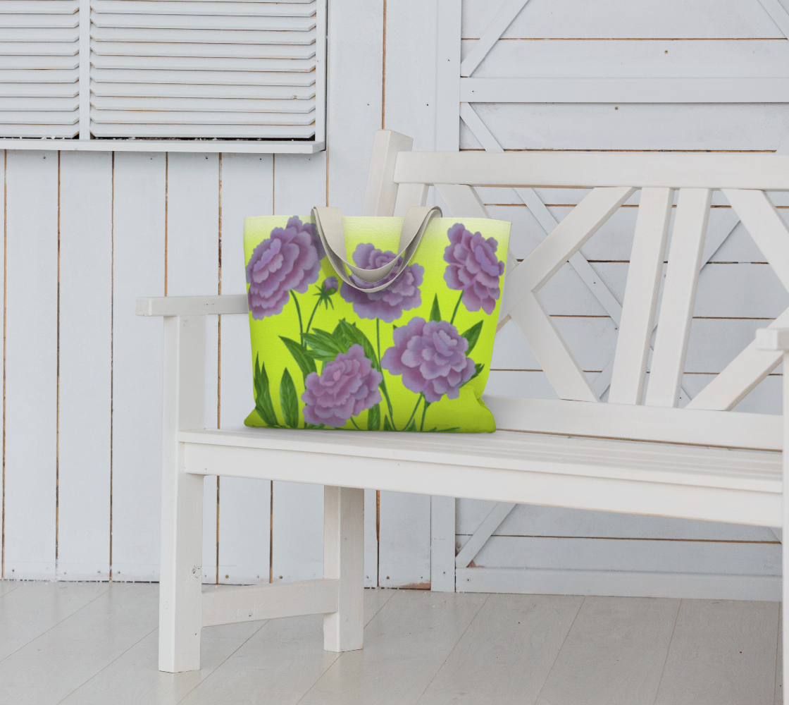 Large Tote Bag - Purple Peonies - Chartreuse